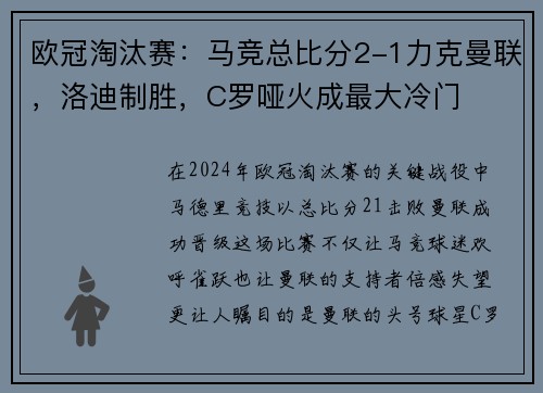 欧冠淘汰赛：马竞总比分2-1力克曼联，洛迪制胜，C罗哑火成最大冷门