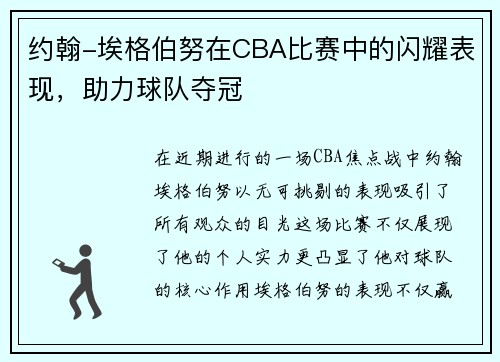 约翰-埃格伯努在CBA比赛中的闪耀表现，助力球队夺冠