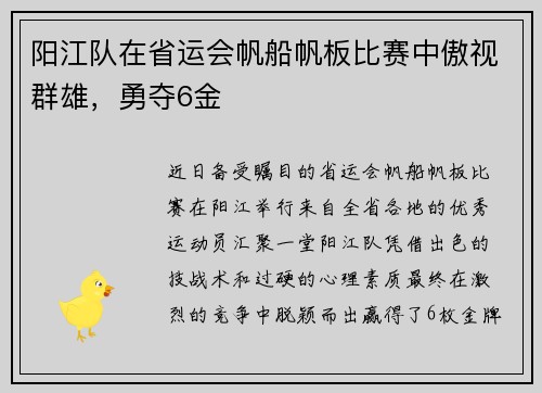 阳江队在省运会帆船帆板比赛中傲视群雄，勇夺6金